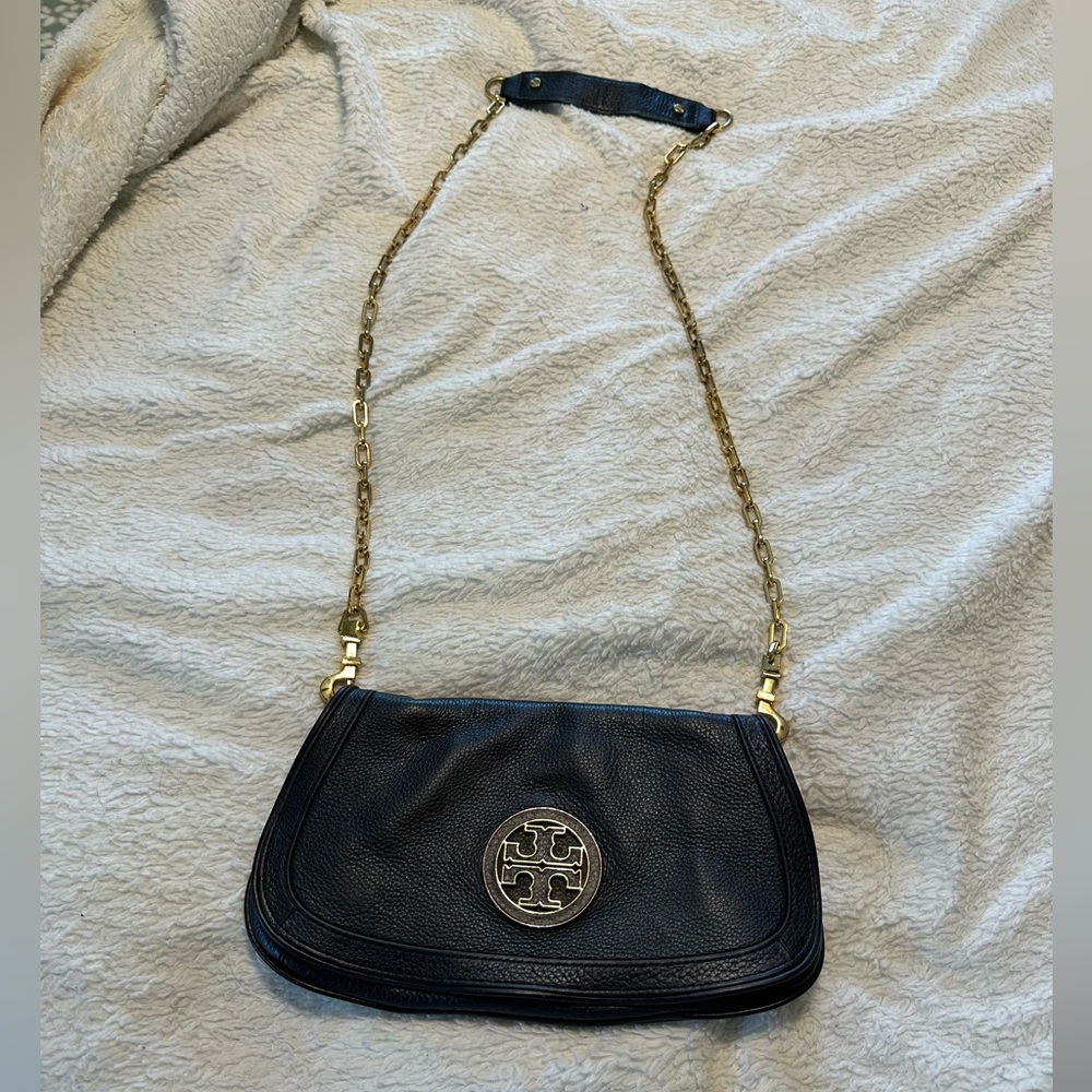 Tory Burch Black Leather Shoulder Bag with Gold Chain